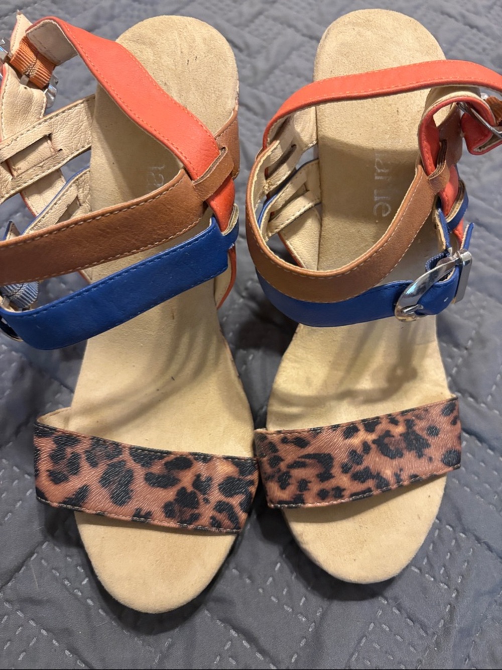 Charming Charlie Coral, Blue & Brown Leopard Strap Heels